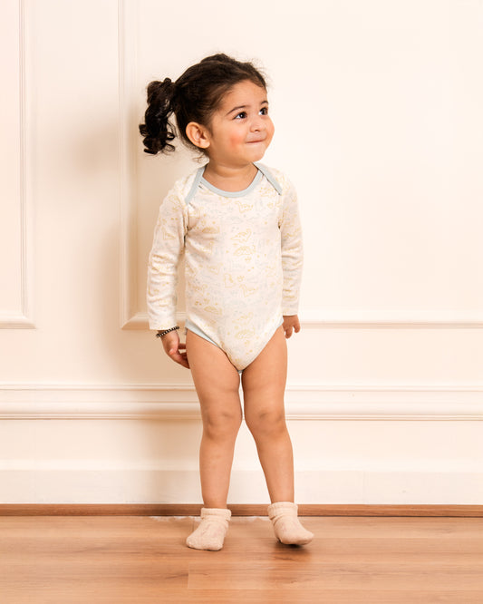 Twingle 100% Organic Cotton Baby Bodysuit-Long Sleeves-Nickel Free Snaps-White-Dino Print-For Infants