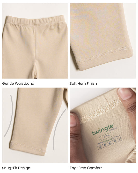 Twingle 100% Organic Cotton Leggings-Soft Elasticated Waistband-No Itchy Tags-Solid-Beige-For Infants