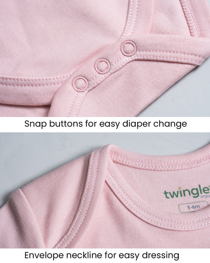Twingle 100% Organic Cotton Bodysuit-Envelope Neck for Easy Dressing-Nickel Free Snaps-Short Sleeves-Solid-Pastel Pink-For Infants