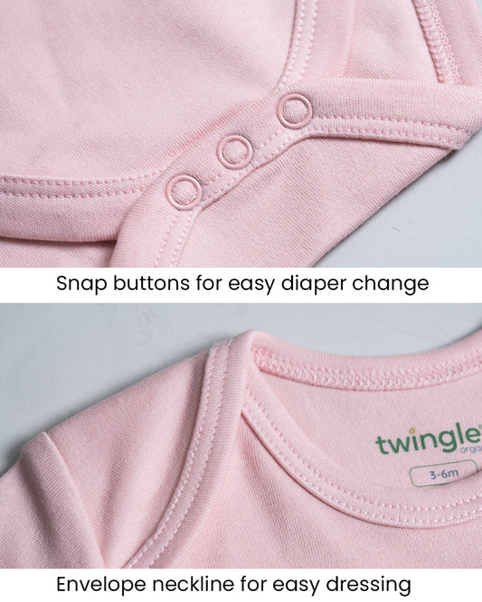 Twingle 100% Organic Cotton Bodysuit-Envelope Neck for Easy Dressing-Nickel Free Snaps-Short Sleeves-Solid-Pastel Pink-For Infants