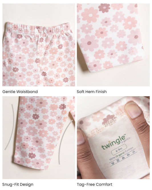 Twingle 100% Organic Cotton Leggings-Soft Elasticated Waistband-No Itchy Tags-Floral Print-Pastel Pink-For Infants