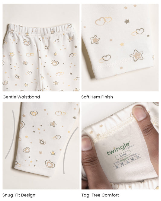Twingle 100% Organic Cotton Leggings-Soft Elasticated Waistband-No Itchy Tags-Hearts & Stars Print-White-For Infants