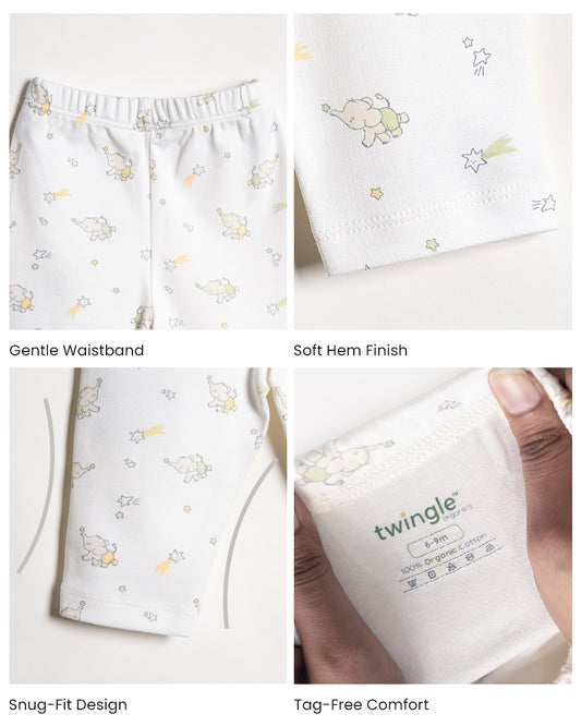 Twingle 100% Organic Cotton Leggings-Soft Elasticated Waistband-No Itchy Tags-Elephant Print-White-For Infants