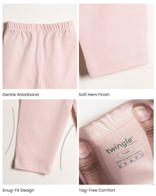 Twingle 100% Organic Cotton Leggings-Soft Elasticated Waistband-No Itchy Tags-Solid-Pastel Pink-For Infants