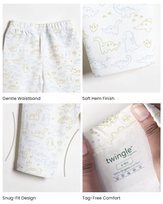 Twingle 100% Organic Cotton Leggings-Soft Elasticated Waistband-No Itchy Tags-Dino Print-White-For Infants