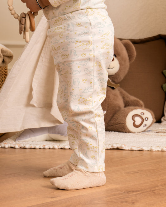 Twingle 100% Organic Cotton Baby Leggings-Pajama-Gentle Waistband-Tag Free Comfort-White-Dino Print-For Infants