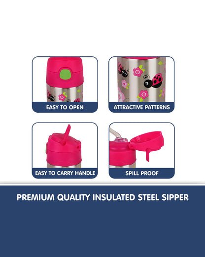 Hopop Insulated Stainless Steel Sipper Water Bottle for Kids-Ladybug Design-300ml