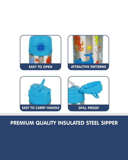 Hopop Insulated Stainless Steel Sipper Water Bottle for Kids-Sea Animals Design-300ml