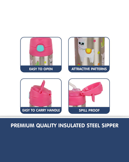 Hopop Insulated Stainless Steel Sipper Water Bottle for Kids-Lama Design-300ml