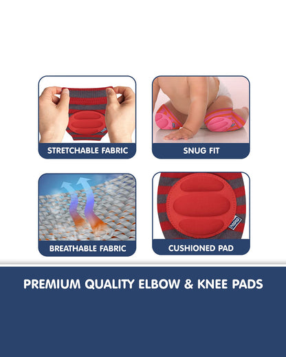 Hopop Red & Grey Baby Elbow & Knee Pads-Breathable Material-For Crawling Infants-Multicolor