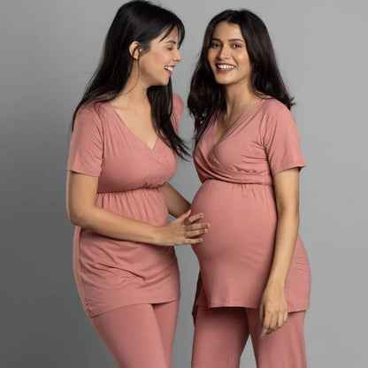Block Hop Rose Maternity Nursing Coord Set-Solid Color-Organic Bamboo Cotton-Half Sleeves-Bump Friendly