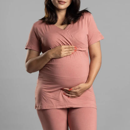 Block Hop Rose Maternity Nursing Coord Set-Solid Color-Organic Bamboo Cotton-Half Sleeves-Bump Friendly