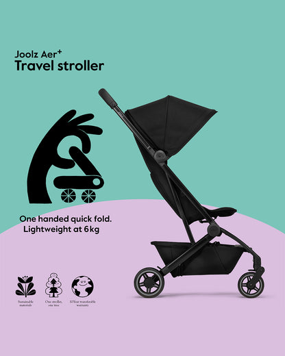 Joolz Aer+ Cabin Friendly Stroller-All Wheel Suspension-One Hand Fold-Flat Reclining Seat-Travel System Compatible-Includes Travel Bag-10 Years Transferable Warranty-For 0 to 4Y (Upto 22Kg)-Space Black