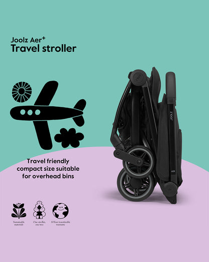 Joolz Aer+ Cabin Friendly Stroller-All Wheel Suspension-One Hand Fold-Flat Reclining Seat-Travel System Compatible-Includes Travel Bag-10 Years Transferable Warranty-For 0 to 4Y (Upto 22Kg)-Space Black