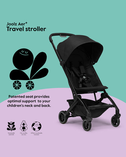 Joolz Aer+ Cabin Friendly Stroller-All Wheel Suspension-One Hand Fold-Flat Reclining Seat-Travel System Compatible-Includes Travel Bag-10 Years Transferable Warranty-For 0 to 4Y (Upto 22Kg)-Space Black