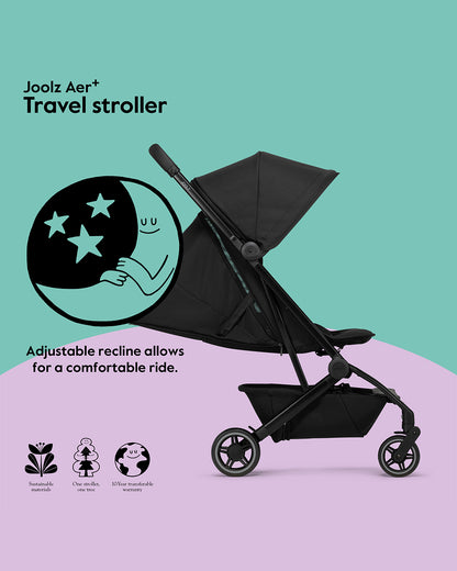 Joolz Aer+ Cabin Friendly Stroller-All Wheel Suspension-One Hand Fold-Flat Reclining Seat-Travel System Compatible-Includes Travel Bag-10 Years Transferable Warranty-For 0 to 4Y (Upto 22Kg)-Space Black