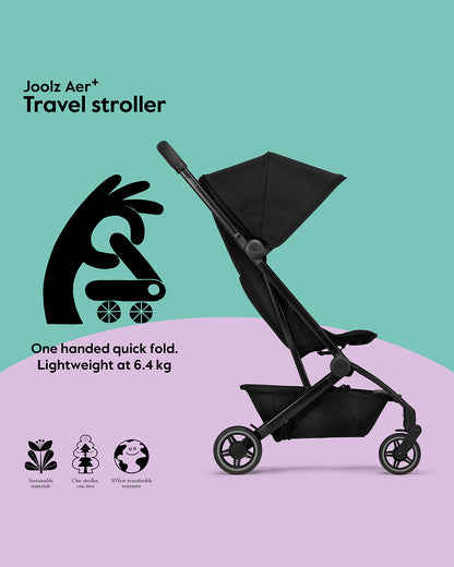 Joolz Aer+ Cabin Friendly Stroller-All Wheel Suspension-One Hand Fold-Flat Reclining Seat-Travel System Compatible-Includes Travel Bag-10 Years Transferable Warranty-For 0 to 4Y (Upto 22Kg)-Space Black