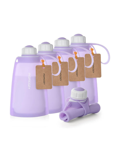 Momcozy Silicone Breast Milk Storage Bags-Reusable-Strong Seal-Knob Lid Design-Freezer Safe-Leak Proof-Pack of 5-Purple-250ml