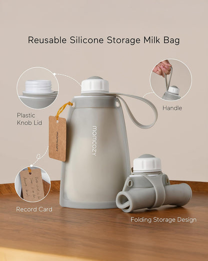 Momcozy Silicone Breast Milk Storage Bags-Reusable-Strong Seal-Knob Lid Design-Freezer Safe-Leak Proof-Pack of 5-Purple-250ml