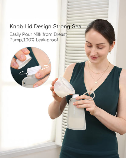 Momcozy Silicone Breast Milk Storage Bags-Reusable-Strong Seal-Knob Lid Design-Freezer Safe-Leak Proof-Pack of 5-Purple-250ml