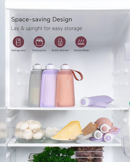 Momcozy Silicone Breast Milk Storage Bags-Reusable-Strong Seal-Knob Lid Design-Freezer Safe-Leak Proof-Pack of 5-Purple-250ml