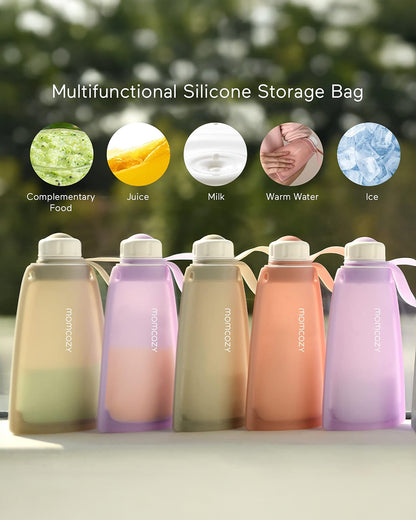 Momcozy Silicone Breast Milk Storage Bags-Reusable-Strong Seal-Knob Lid Design-Freezer Safe-Leak Proof-Pack of 5-Purple-250ml