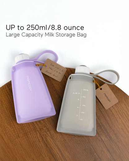 Momcozy Silicone Breast Milk Storage Bags-Reusable-Strong Seal-Knob Lid Design-Freezer Safe-Leak Proof-Pack of 5-Purple-250ml