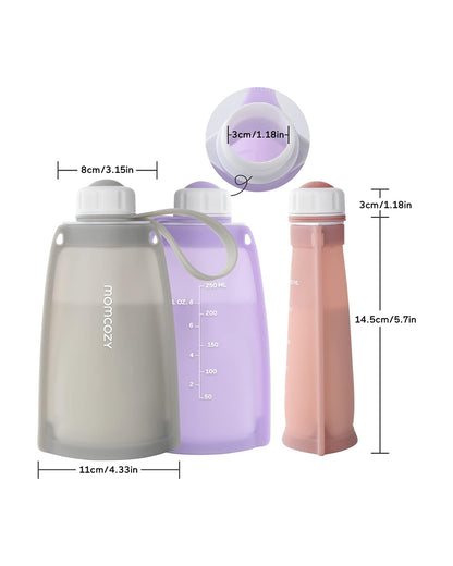 Momcozy Silicone Breast Milk Storage Bags-Reusable-Strong Seal-Knob Lid Design-Freezer Safe-Leak Proof-Pack of 5-Purple-250ml
