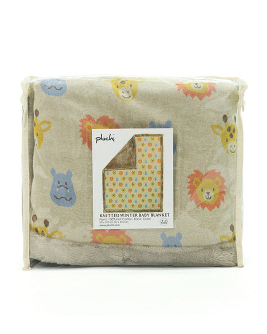 Pluchi Safari Friends Knitted Baby Blanket-Combed Cotton Blanket with Faux Fur Back-Multicolor-For Infants
