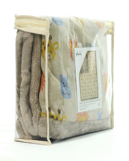 Pluchi Safari Friends Knitted Baby Blanket-Combed Cotton Blanket with Faux Fur Back-Multicolor-For Infants