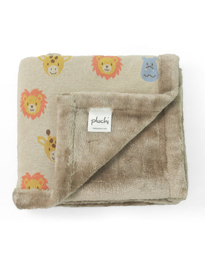 Pluchi Safari Friends Knitted Baby Blanket-Combed Cotton Blanket with Faux Fur Back-Multicolor-For Infants