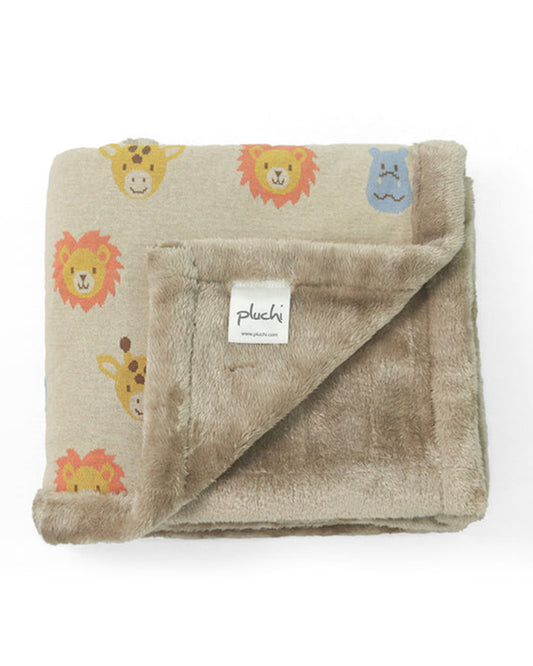 Pluchi Safari Friends Knitted Baby Blanket-Combed Cotton Blanket with Faux Fur Back-Multicolor-For Infants