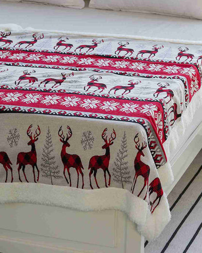 Pluchi Reindeer Knitted Kids Blanket-Combed Cotton Blanket with Faux Fur Back-Grey & Red-For Toddlers