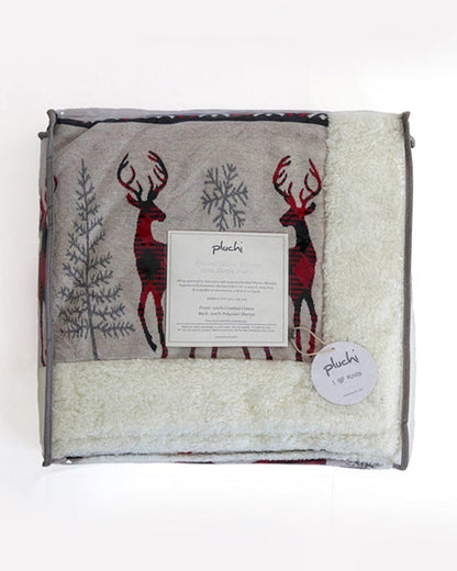 Pluchi Reindeer Knitted Kids Blanket-Combed Cotton Blanket with Faux Fur Back-Grey & Red-For Toddlers