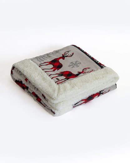 Pluchi Reindeer Knitted Kids Blanket-Combed Cotton Blanket with Faux Fur Back-Grey & Red-For Toddlers