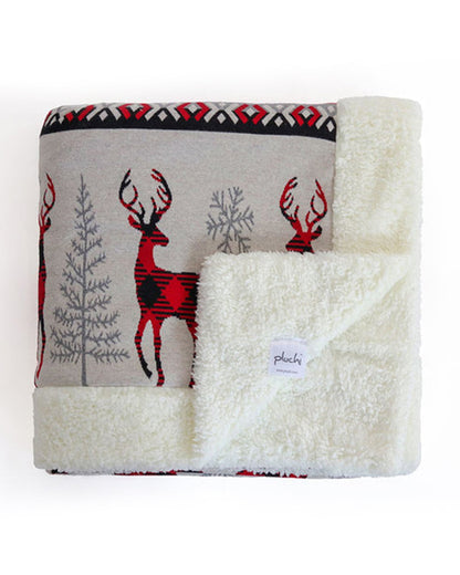 Pluchi Reindeer Knitted Kids Blanket-Combed Cotton Blanket with Faux Fur Back-Grey & Red-For Toddlers