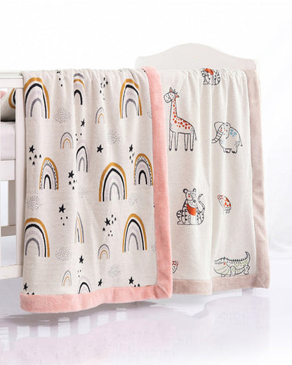 Pluchi Dance with Rainbows Knitted Kids Blanket-Combed Cotton Blanket with Faux Fur Back-Multicolor-For Toddlers