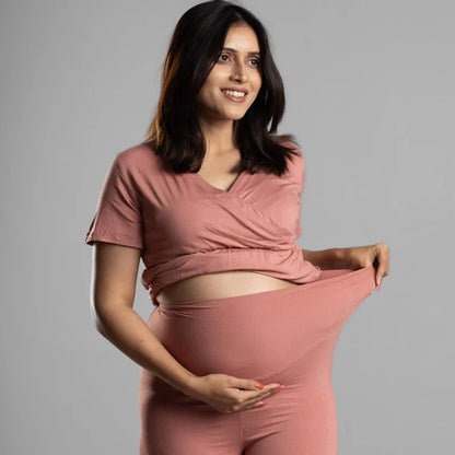 Block Hop Rose Maternity Nursing Coord Set-Solid Color-Organic Bamboo Cotton-Half Sleeves-Bump Friendly