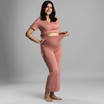 Block Hop Rose Maternity Nursing Coord Set-Solid Color-Organic Bamboo Cotton-Half Sleeves-Bump Friendly