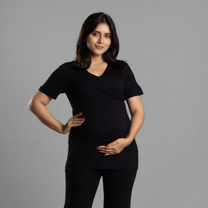 Block Hop Black Maternity Nursing Coord Set-Solid Color-Organic Bamboo Cotton-Half Sleeves-Bump Friendly