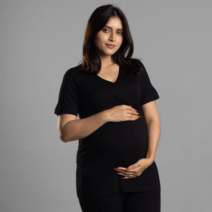 Block Hop Black Maternity Nursing Coord Set-Solid Color-Organic Bamboo Cotton-Half Sleeves-Bump Friendly