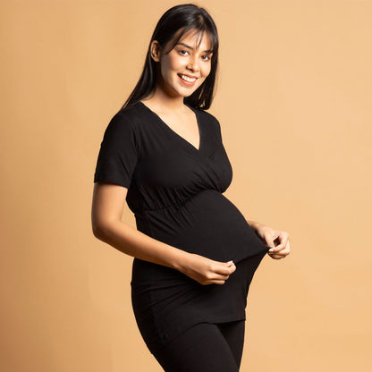Block Hop Black Maternity Nursing Coord Set-Solid Color-Organic Bamboo Cotton-Half Sleeves-Bump Friendly
