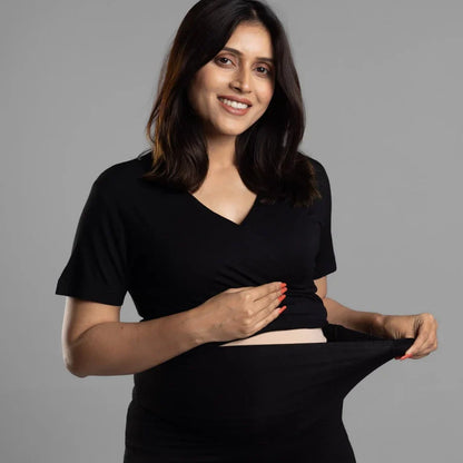 Block Hop Black Maternity Nursing Coord Set-Solid Color-Organic Bamboo Cotton-Half Sleeves-Bump Friendly