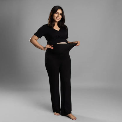Block Hop Black Maternity Nursing Coord Set-Solid Color-Organic Bamboo Cotton-Half Sleeves-Bump Friendly