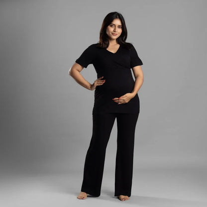 Block Hop Black Maternity Nursing Coord Set-Solid Color-Organic Bamboo Cotton-Half Sleeves-Bump Friendly