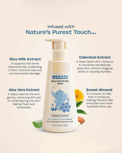 Maate Baby Head to Toe Wash-Infused with Calendula, Olive Oil & Aloe Vera-Gently cleanses & nourishing the scalp