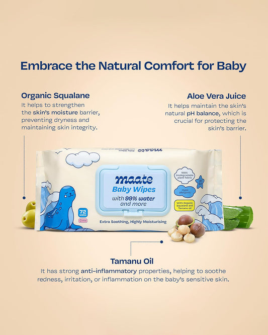 Maate Baby Wipes-Infused With Plant Squalane, Tamanu Oil & Aloe Vera-Soothing & Hypoallergenic