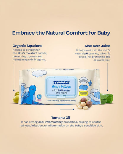 Maate Baby Wipes-Infused With Plant Squalane, Tamanu Oil & Aloe Vera-Soothing & Hypoallergenic