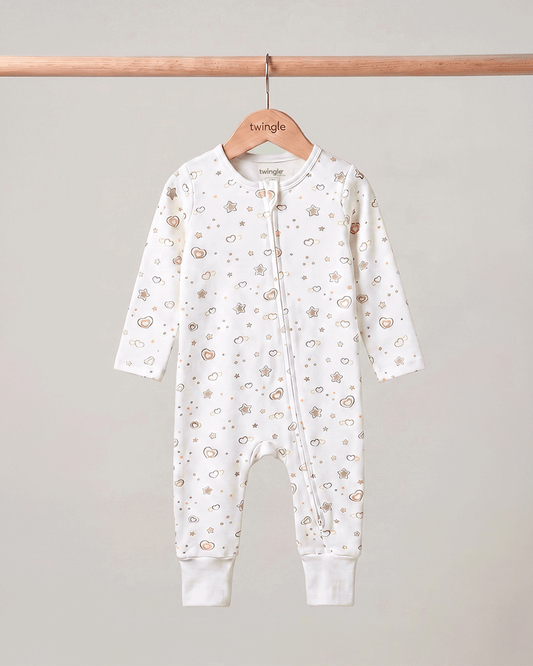 Twingle 100% Organic Cotton Sleepsuit-Zip Guard to Protect Baby's Chin & Neck-Two Way Zipper for Easy Diaper Change-Inbuilt Booties & Mittens-Hearts & Stars Print-White-For Infants