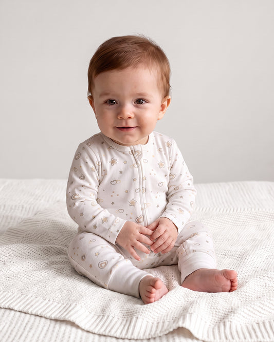 Twingle 100% Organic Cotton Sleepsuit-Zip Guard to Protect Baby's Chin & Neck-Two Way Zipper for Easy Diaper Change-Inbuilt Booties & Mittens-Hearts & Stars Print-White-For Infants